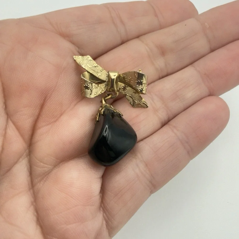 Vintage Gold Tone Bow Brooch Dangle Banded Agate Glass Drop Pin Celestial